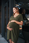 Vision, smile and a pregnant woman on a business balcony at her office waiting to be a mother. Belly, pregnancy and happy young employee at the workplace as an employee thinking about maternity leave