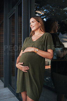 Buy stock photo Vision, smile and a pregnant woman on a business balcony at her office waiting to be a mother. Belly, pregnancy and happy young employee at the workplace as an employee thinking about maternity leave