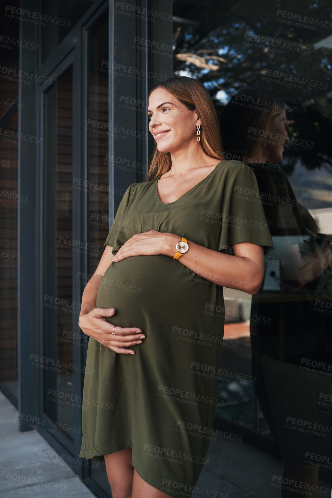 Buy stock photo Vision, smile and a pregnant woman on a business balcony at her office waiting to be a mother. Belly, pregnancy and happy young employee at the workplace as an employee thinking about maternity leave