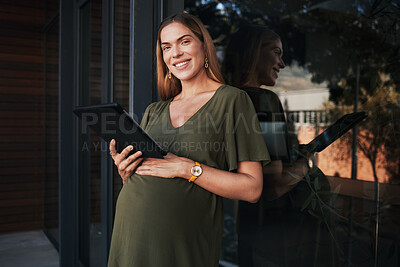 Buy stock photo Portrait, tablet and pregnant with woman at her business office at the start of her maternity leave from work. Tech, smile or pregnancy with a happy young employee planning online at her workplace