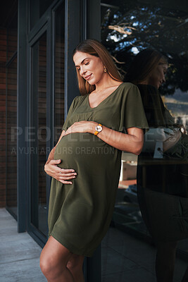 Buy stock photo Future, smile and a pregnant woman on an office balcony for business waiting to be a mother. Stomach, pregnancy and happy young employee at the workplace as an employee thinking about maternity leave