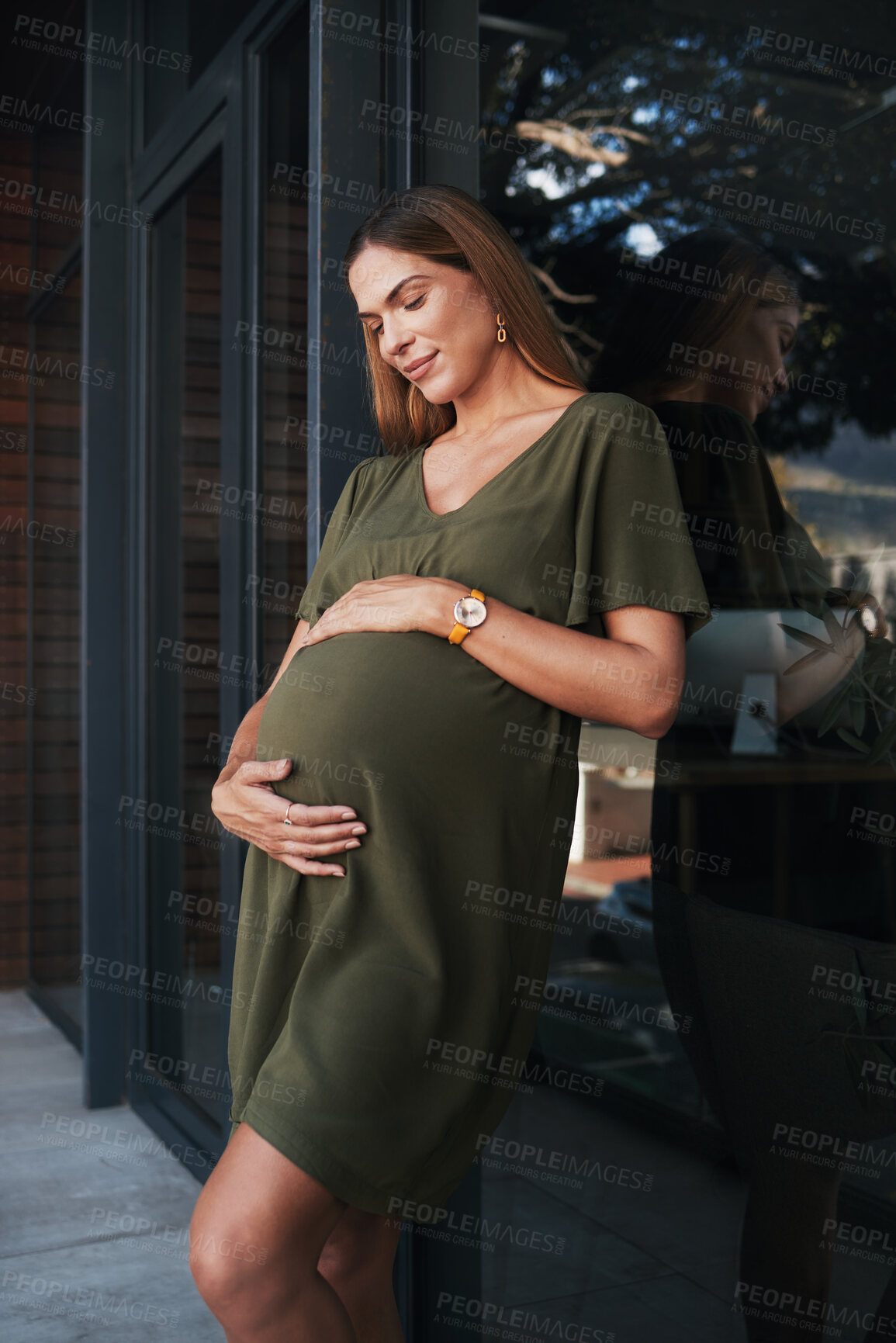 Buy stock photo Future, smile and a pregnant woman on an office balcony for business waiting to be a mother. Stomach, pregnancy and happy young employee at the workplace as an employee thinking about maternity leave