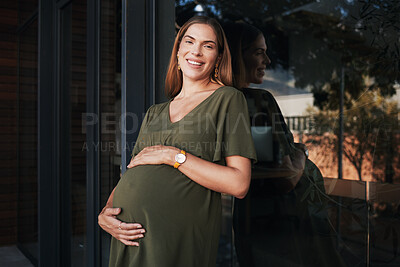 Buy stock photo Portrait, smile and a business pregnant woman on the balcony at her office, excited about maternity leave from work. Company, stomach and pregnancy with a happy young employee at the workplace