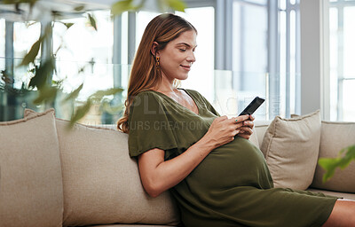 Buy stock photo Phone, networking or pregnant business woman in office on social media, website or internet on couch. Maternity, technology or calm female designer with pregnancy or mobile app to scroll in workplace