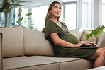 Portrait, freelance and pregnant woman with laptop on a sofa typing, search or reading at home. Maternity leave, face and female remote worker online in living room with social media, web or typing