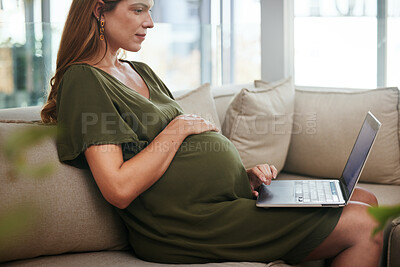 Buy stock photo Laptop, freelance and pregnant woman on a sofa typing, search or reading at home. Pregnancy, remote work and female entrepreneur online in living room with social media, web or network communication