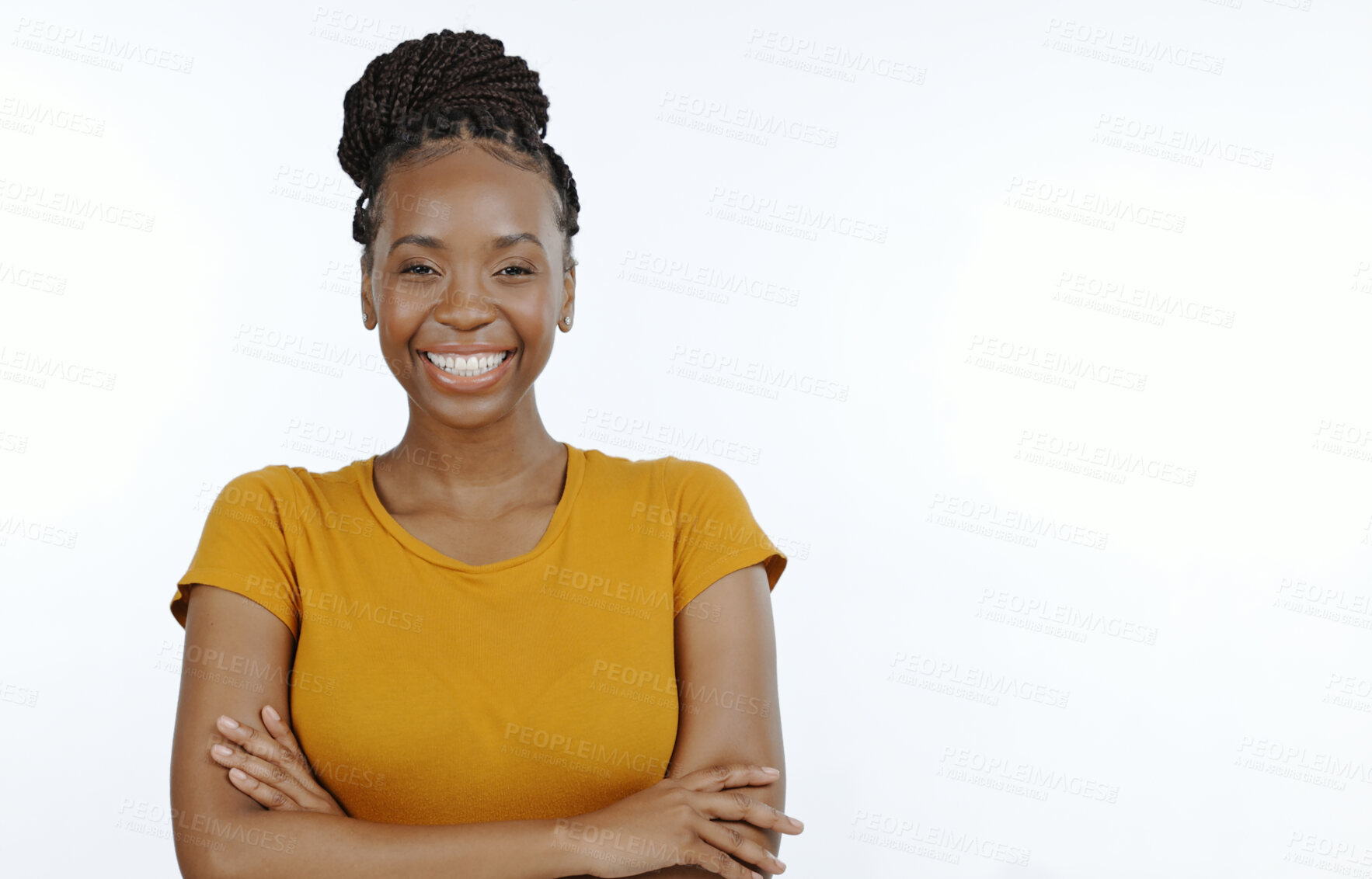Buy stock photo Portrait, happy woman and arms crossed in studio with mockup, confidence and good mood in Nigeria. Young african model smile with pride, face and personality isolated on white background space