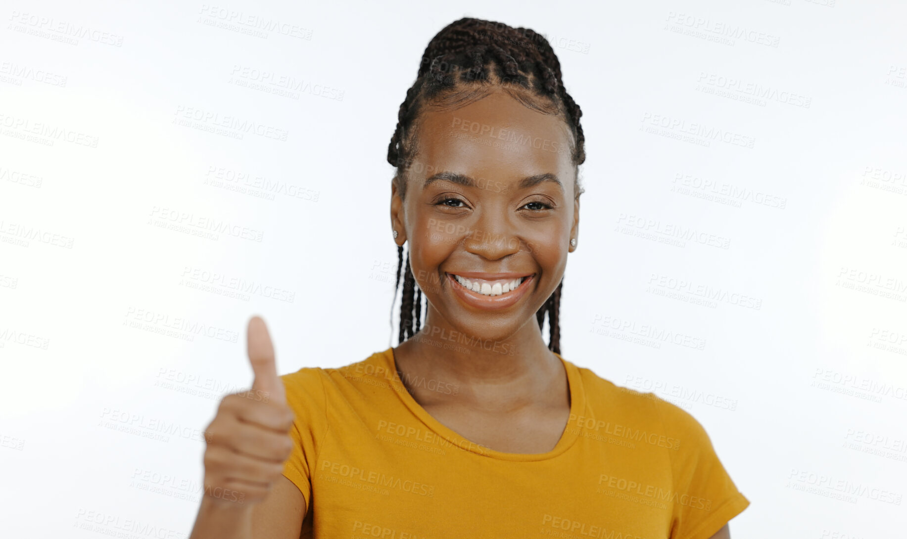 Buy stock photo Woman, portrait and face with thumbs up to vote, gen z aesthetic and white background in studio. Black person, smile and positive hand gesture with yes, agreement and winner approval or emoji