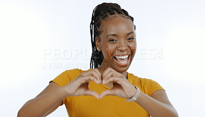 Buy stock photo Woman, studio portrait and hands with heart emoji for love, support and positive sign by white background in close up. Black person, smile and hand gesture for care with kindness, trust and hope