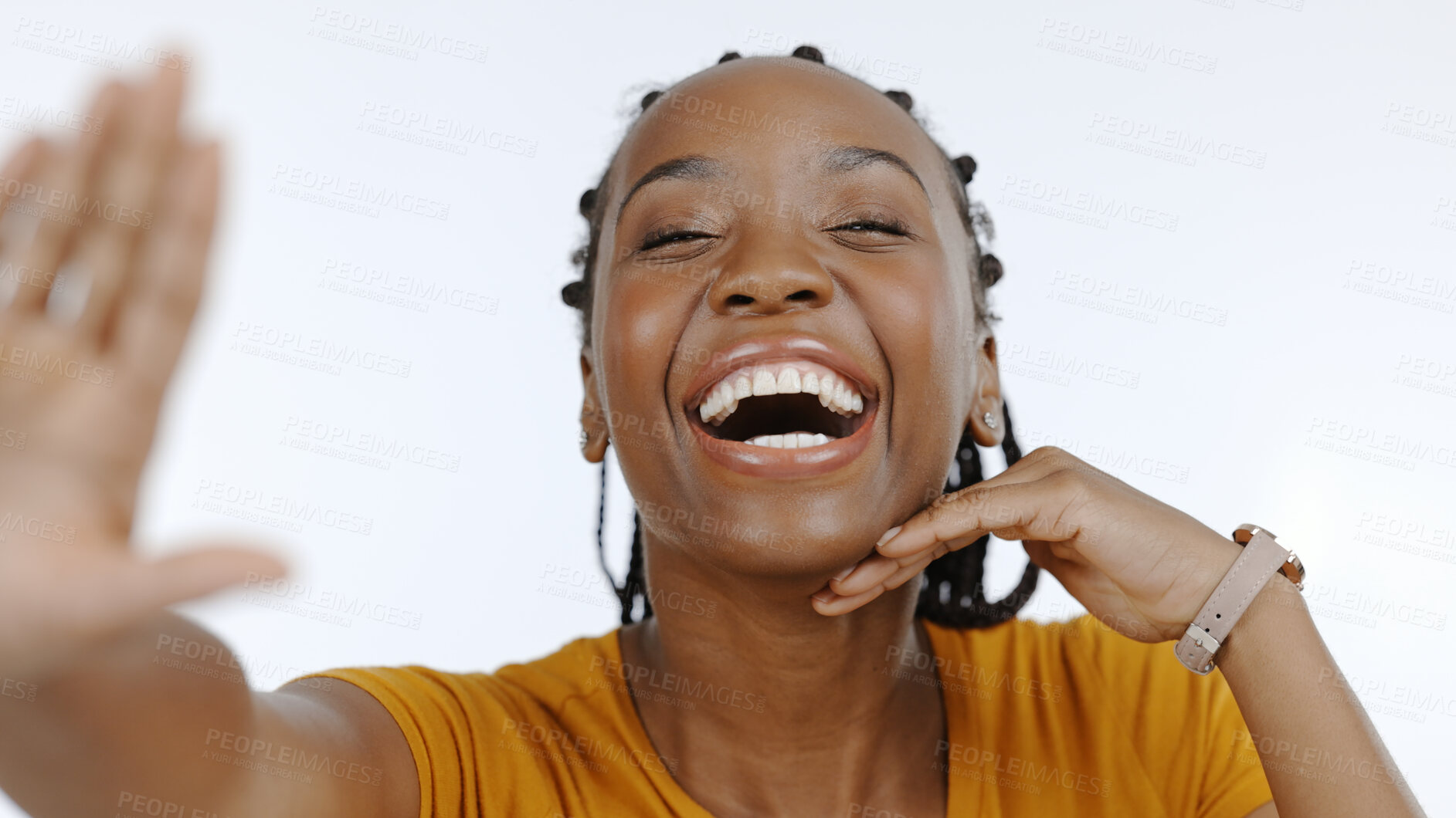 Buy stock photo Black woman, portrait and smile in studio for selfie, live streaming vlog and content creation isolated on white background. Happy african model, laugh and profile picture for social media broadcast