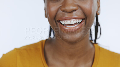 Buy stock photo Black woman, mouth and teeth with smile for dental, healthcare and happiness with hygiene on white background. Closeup for oral care, orthodontics and fresh breath, clean and wellness in studio