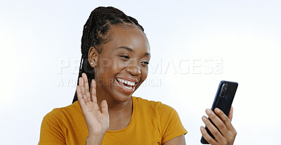 Buy stock photo Video call, wave and a black woman with a phone for communication, conversation and a chat. Smile, hello and an African girl greeting while speaking on a mobile and a white background in a studio