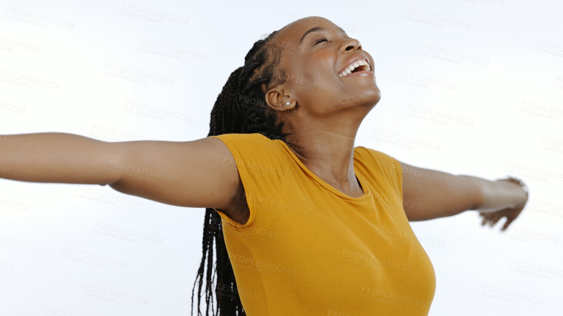 Buy stock photo Celebration, achievement and smile with black woman, excited and happiness on a white studio background. African person, girl and model with victory, giveaway and winning with motivation and cheerful