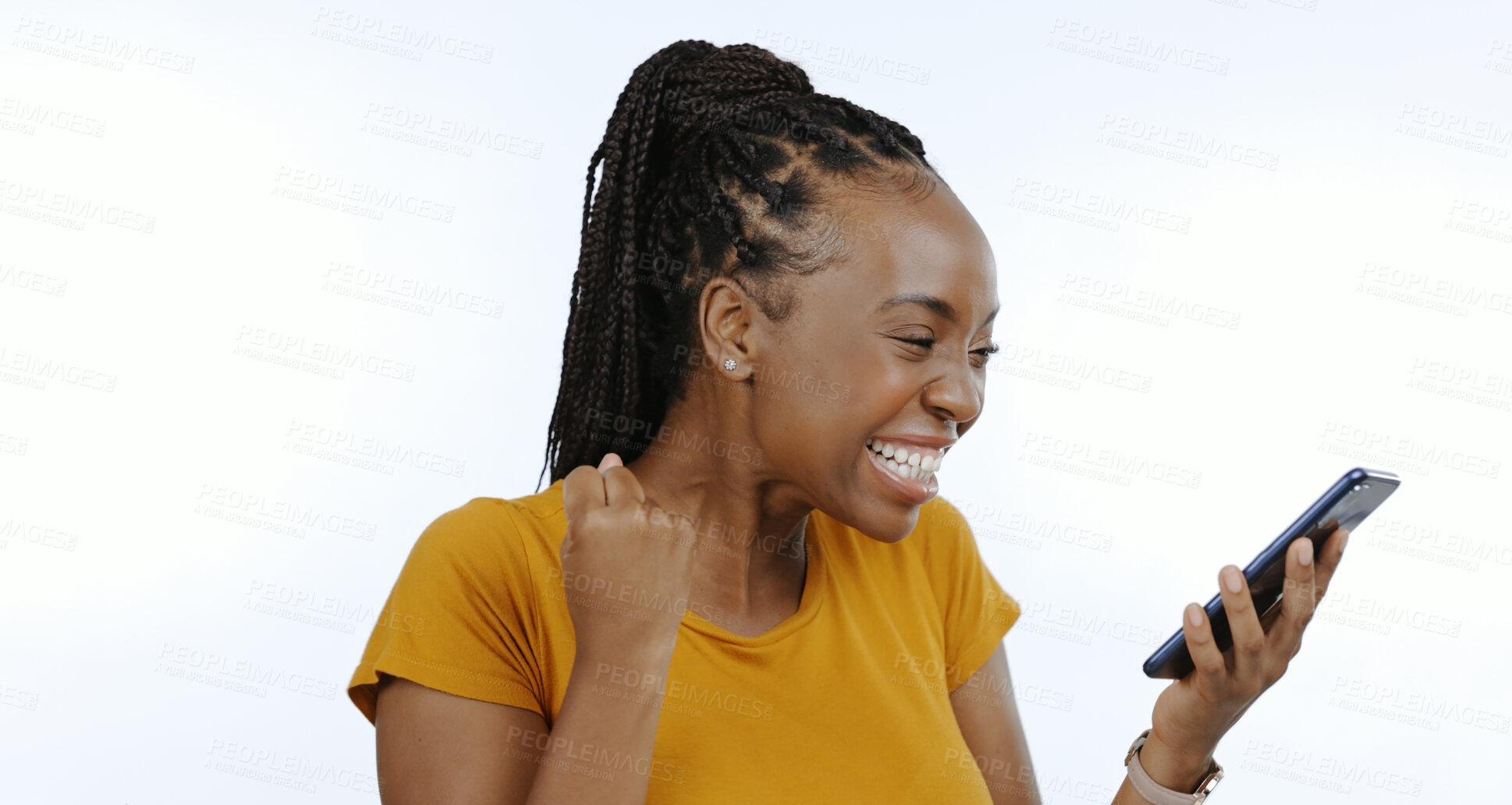 Buy stock photo Phone, black woman and happy fist for winner, celebration or achievement and success for giveaway in studio on white background. Excited, prize and person with smartphone celebrate winning lottery