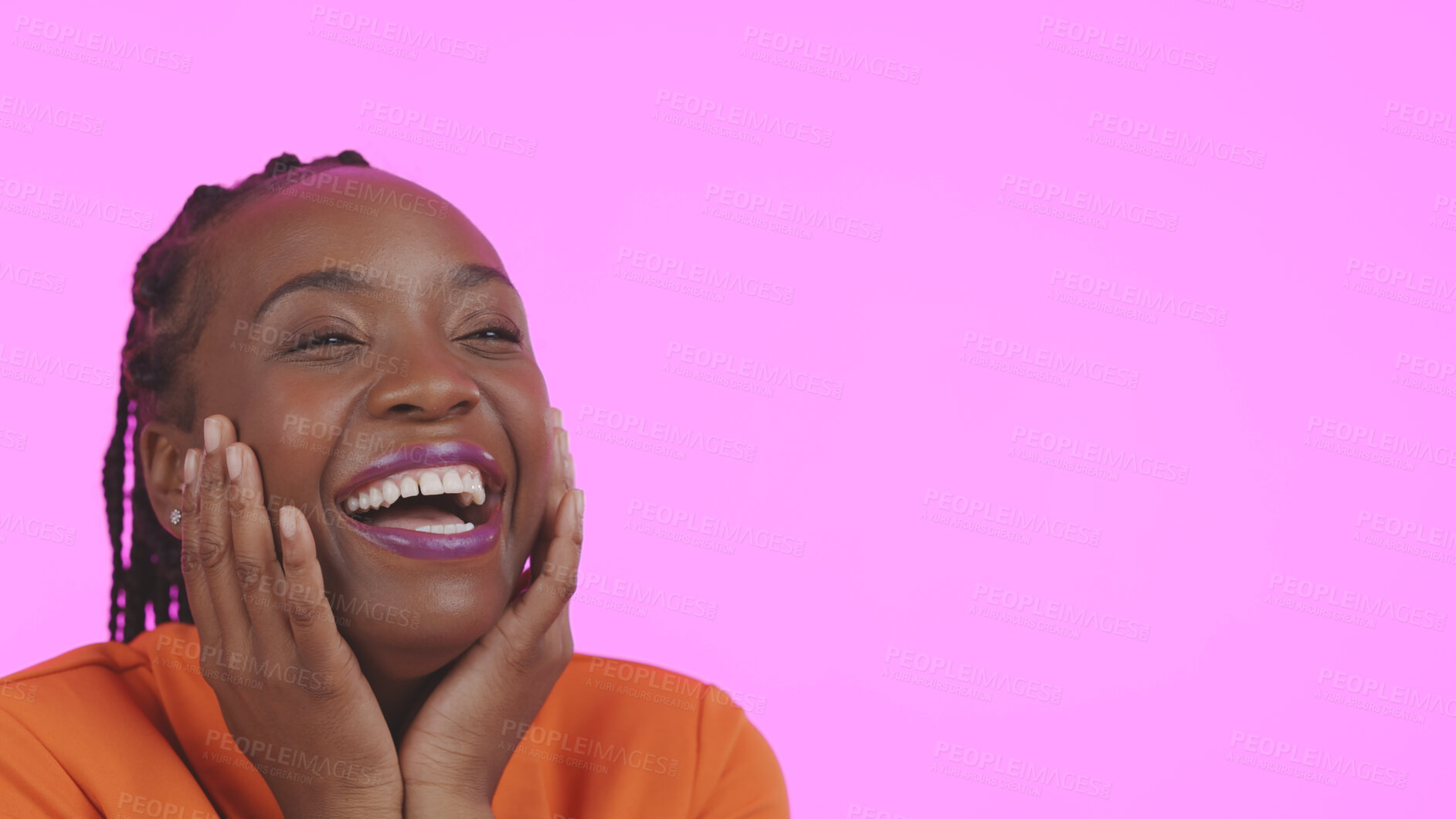 Buy stock photo Woman, hands and excited or face and laughing, funny and cheerful expression by pink background in studio. Black person, positive and success with make up or beauty aesthetic, joy and mockup space