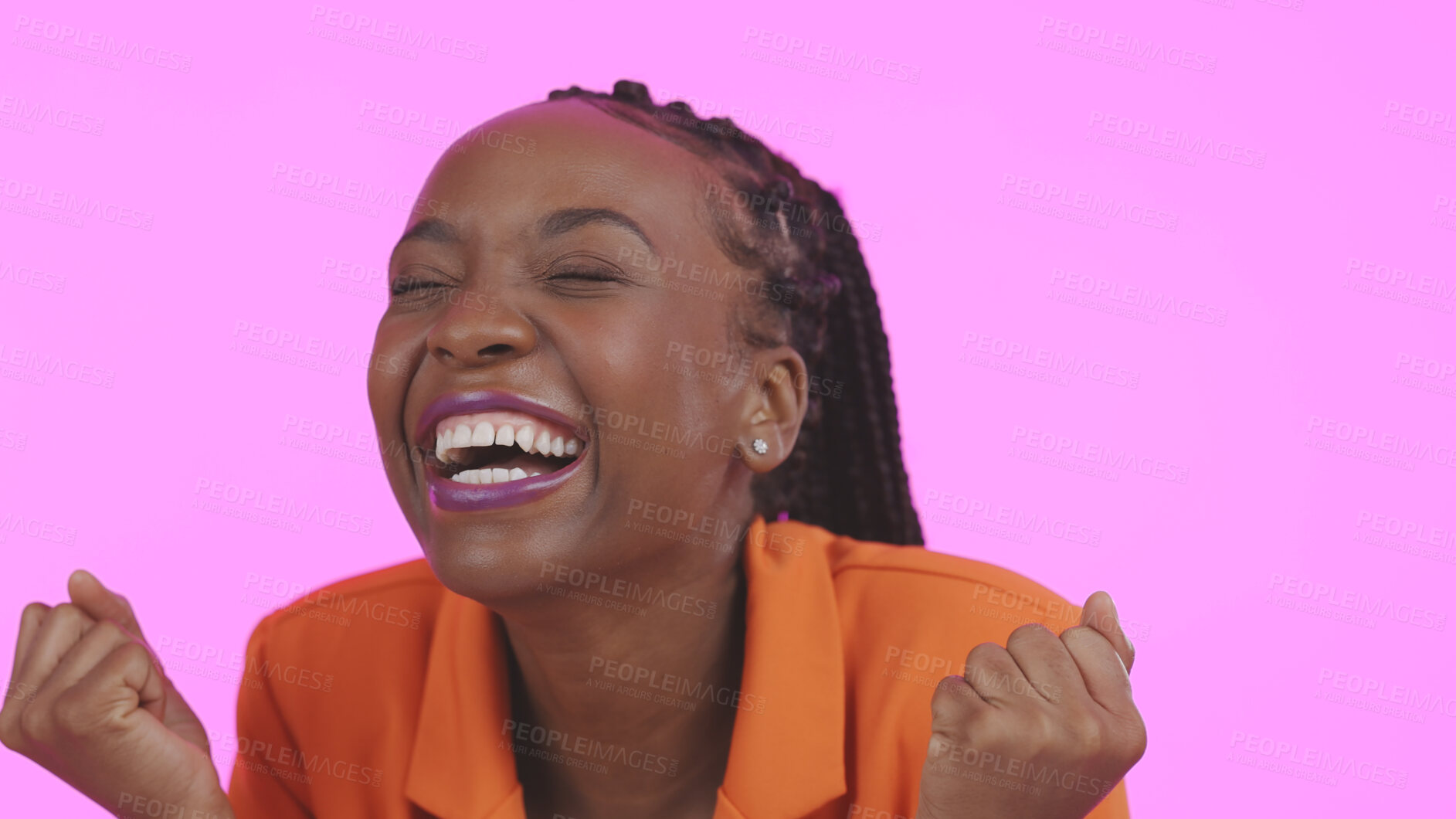 Buy stock photo Black woman, winner or happy for prize, smile or excited with face, good news or purple studio background. Energy, winning or wow for achievement, competition or cheers for success, surprise or offer