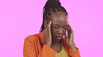 Woman, hands and face with headache or pain, frustrated and mistake by pink background in studio mockup. Black person, anxiety and mental health with work problem, divorce and stress of career or job