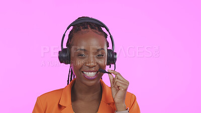 Buy stock photo Business woman, call center and portrait for communication, telemarketing and happy sales on a pink background. African agent or consultant in headphones for virtual support and contact us in studio
