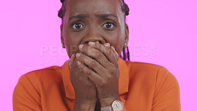 Buy stock photo Woman, portrait and anxiety in studio for shock, surprise and scared of fear on pink background. Face of african model cover mouth for drama, alarm and emoji of gossip, secret news and omg reaction
