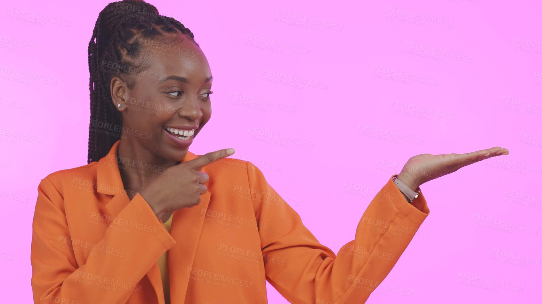 Buy stock photo Black woman, branding and pointing for advertising on mockup space in studio for product placement. Happy, person and promotion for business, marketing or offer on pink background or presentation