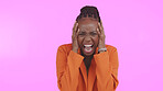 Woman, scream and hands on face for stress, overwhelmed and burnout in studio by pink background. Black female model, shout and angry or bipolar, frustrated and anxiety or pain from trauma in mockup