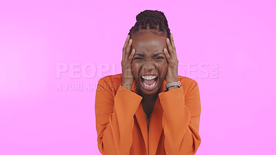 Buy stock photo Woman, scream and hands on face for stress, overwhelmed and burnout in studio by pink background. Black female model, shout and angry or bipolar, frustrated and anxiety or pain from trauma in mockup