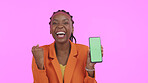 Woman, excited and phone green screen for success, celebration and wow for news of bonus or competition in studio. Portrait of African winner with mobile mockup, yes and winning on a pink background