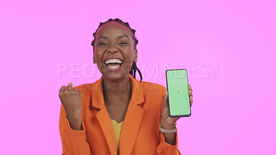 Buy stock photo Woman, excited and phone green screen for success, celebration and wow for news of bonus or competition in studio. Portrait of African winner with mobile mockup, yes and winning on a pink background