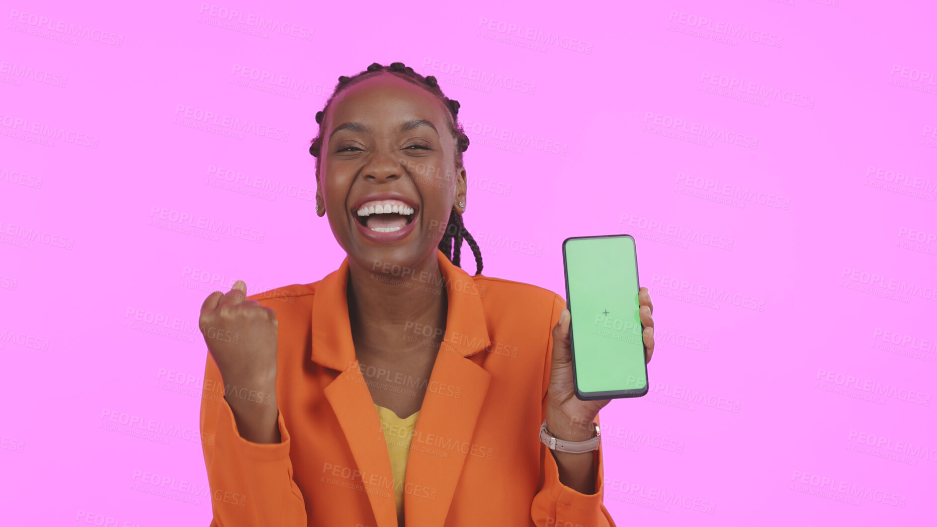 Buy stock photo Woman, excited and phone green screen for success, celebration and wow for news of bonus or competition in studio. Portrait of African winner with mobile mockup, yes and winning on a pink background