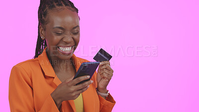 Buy stock photo Business woman, phone and credit card for online shopping, e commerce sale or fintech payment in studio. Excited African person or winner for mobile banking, transaction or order on a pink background