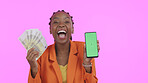 Woman, phone green screen and money for success, bonus or winning of lottery or competition, profit and wow in studio. African winner, portrait and mobile mockup for cash prize on a pink background