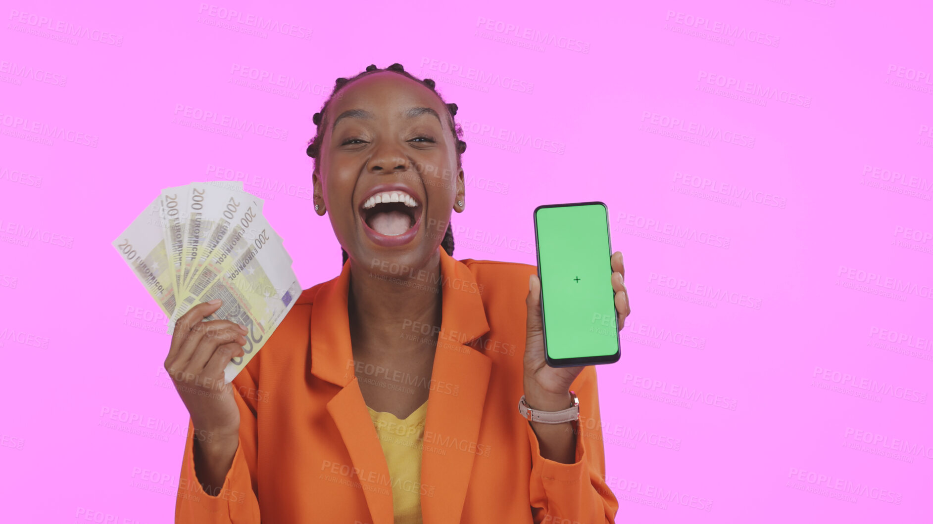 Buy stock photo Woman, phone green screen and money for success, bonus or winning of lottery or competition, profit and wow in studio. African winner, portrait and mobile mockup for cash prize on a pink background