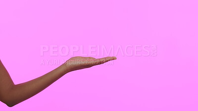 Buy stock photo Hands, palm and advertising space in studio for mockup, launch presentation and information about us on pink background. Closeup, model and show choice of promotion, sales announcement and offer deal