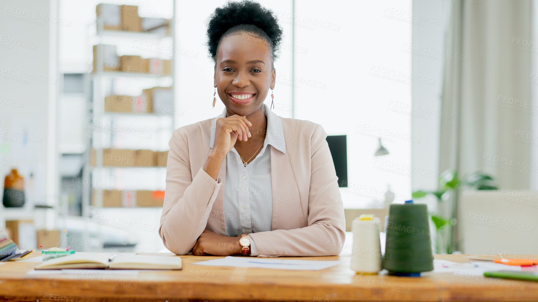 Buy stock photo Business, hand on chin and black woman with smile for fashion designer, confident and positive mindset at company. Person, happy and pride for startup, creative career and entrepreneur in office