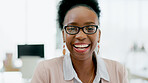 Portrait, business and black woman with smile and glasses for digital marketing, motivation and positive mindset. Face, person and happy for startup, corporate career and entrepreneur in work office