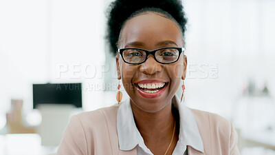 Buy stock photo Portrait, business and black woman with smile and glasses for digital marketing, motivation and positive mindset. Face, person and happy for startup, corporate career and entrepreneur in work office