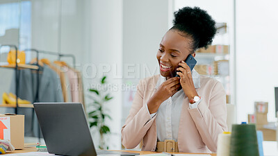 Buy stock photo Startup, phone call and black woman with laptop, clothing and ecommerce with connection, smile or network. African person, entrepreneur or employee with a pc, cellphone and internet with online order