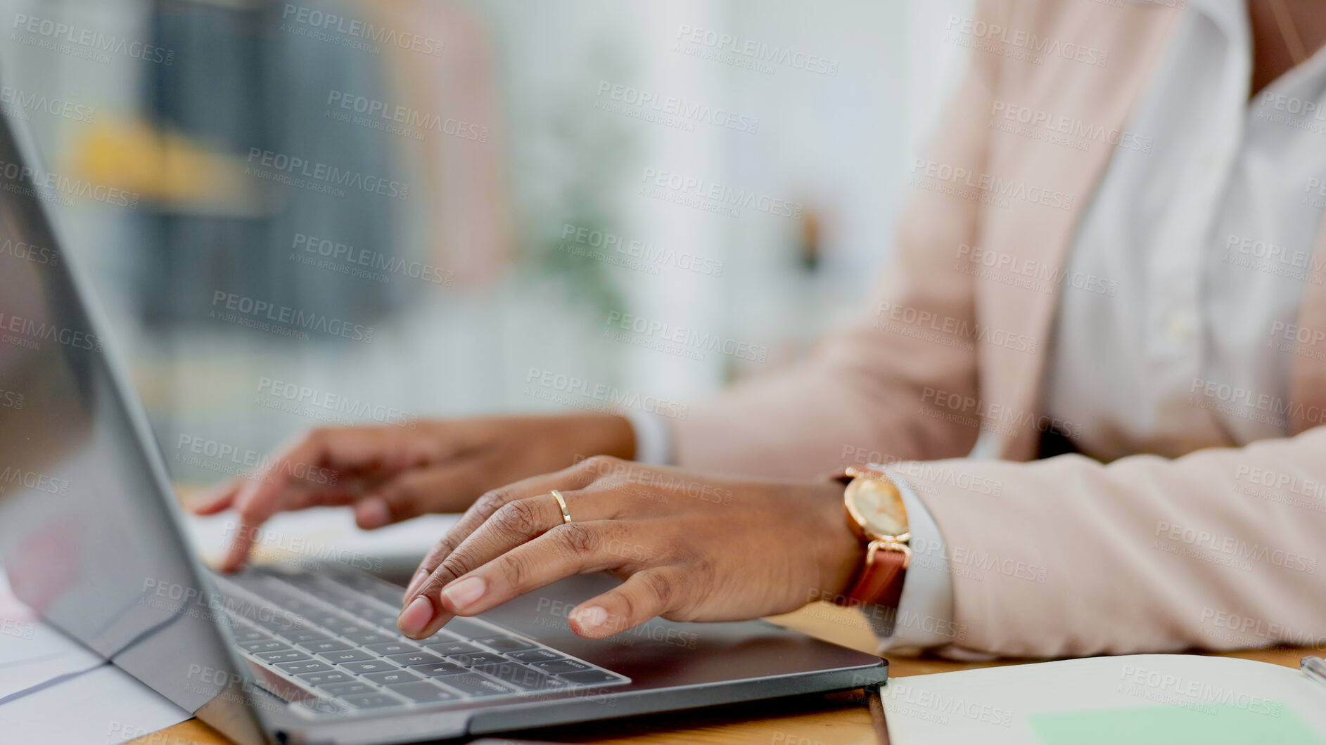 Buy stock photo Laptop, hands and business woman in office closeup for research, planning or management. Typing, keyboard and lady designer online for web design, email or networking, social media or project review