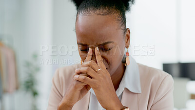 Buy stock photo Business, stress and black woman with headache in office frustrated by brain fog, pressure or crisis. Anxiety, face and African female entrepreneur with vertigo, migraine or mistake, disaster or fail