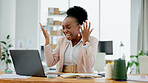 Happy black woman, laptop and celebration in winning, promotion or bonus on office desk. Excited African female person smile on computer for good news, achievement or sale discount at workplace