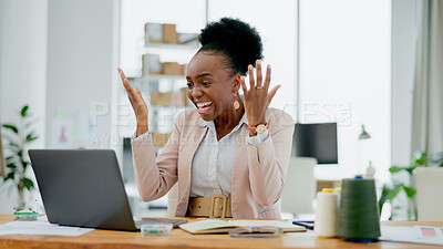 Buy stock photo Happy black woman, laptop and celebration in winning, promotion or bonus on office desk. Excited African female person smile on computer for good news, achievement or sale discount at workplace