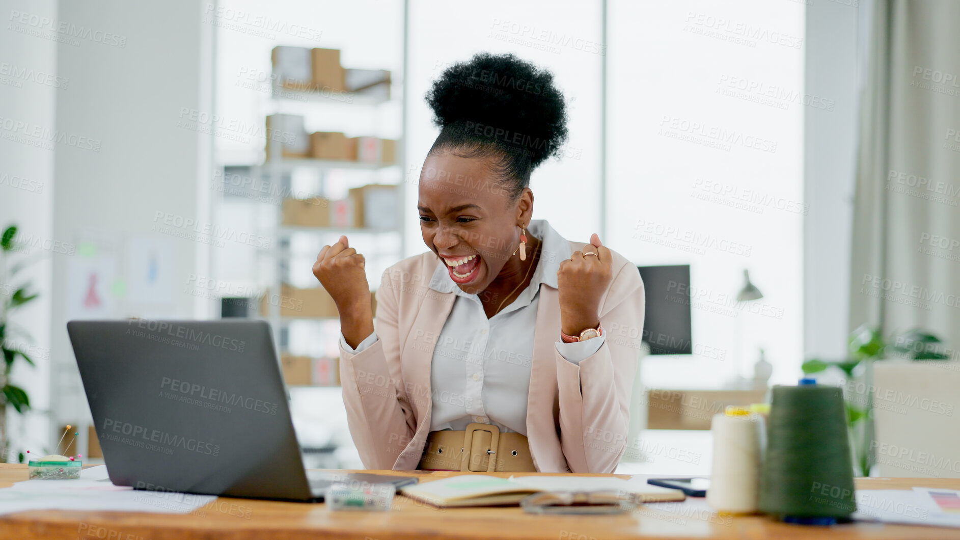 Buy stock photo Happy black woman, laptop and fist pump in winning celebration, promotion or bonus at office. Excited African female person smile on computer for good news, achievement or sale discount at workplace