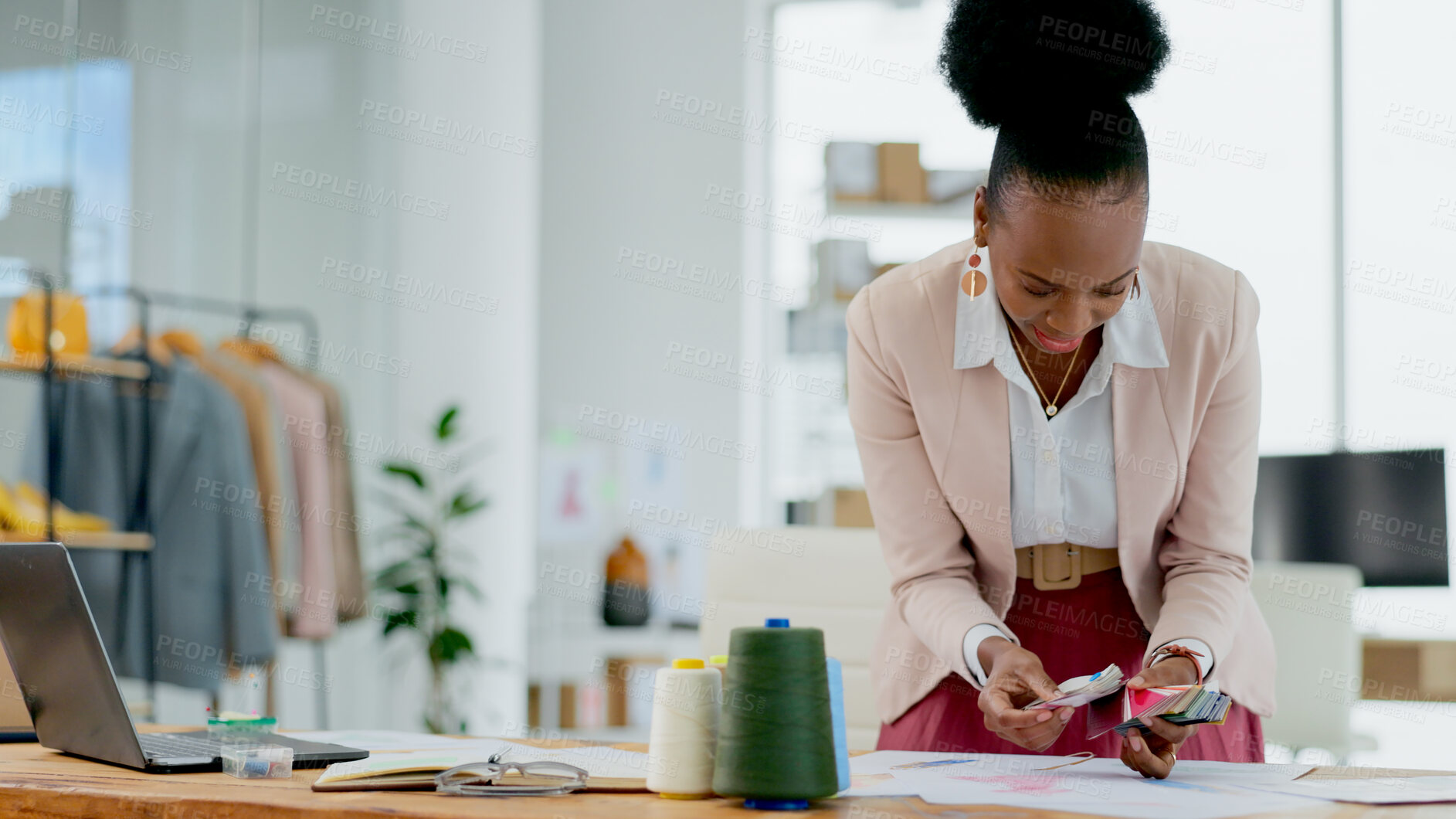 Buy stock photo Black woman, fashion designer and color swatches in planning, strategy or ideas for project at boutique. African female person in small business, plan and palette in clothing design at retail store