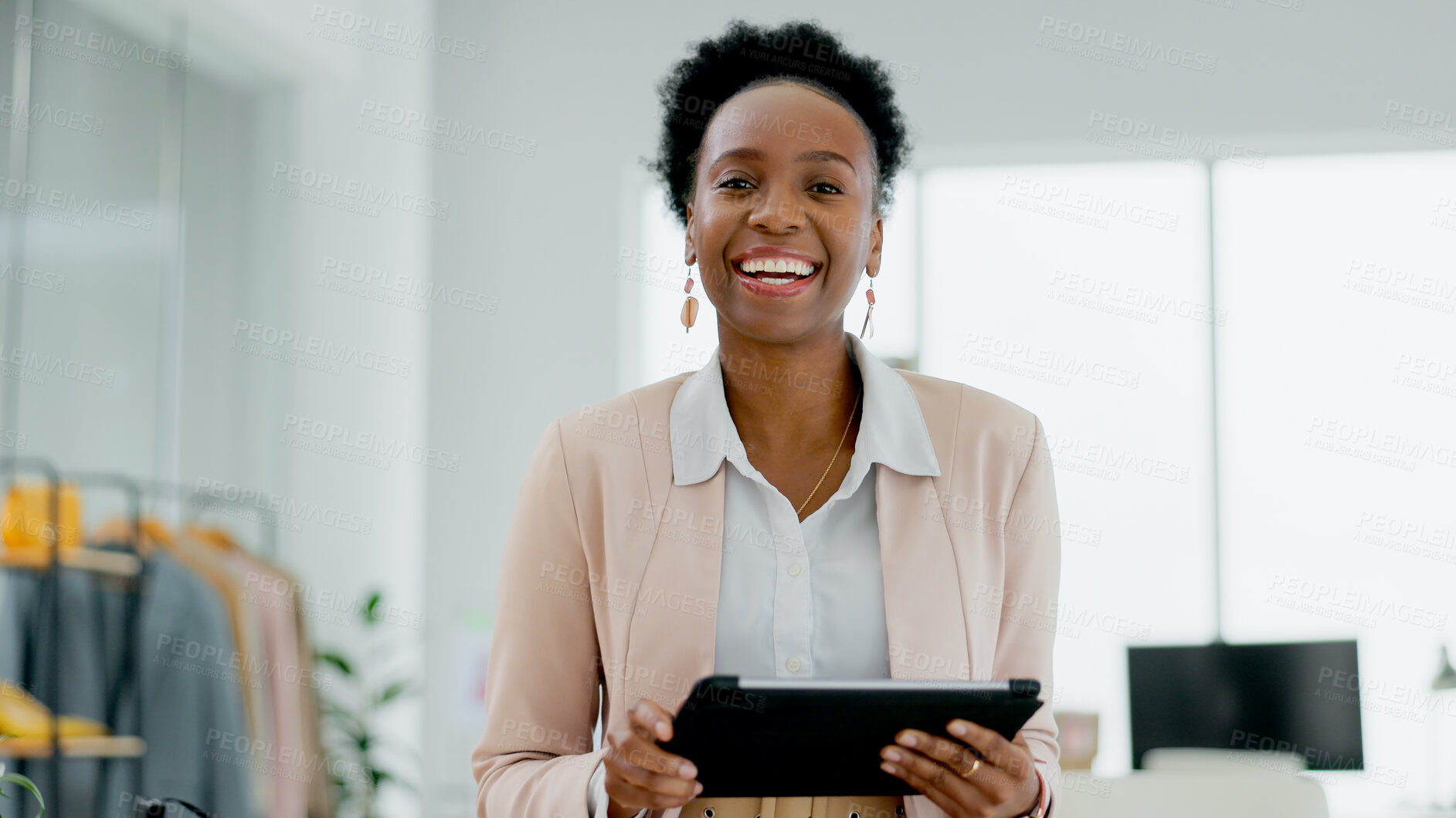 Buy stock photo Happy black woman, portrait and tablet of fashion designer in small business management at boutique. African female person or entrepreneur smile with technology for retail clothing store in logistics