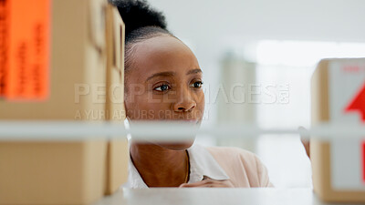 Buy stock photo Black woman, box and logistics in small business, inventory inspection or checking stock at retail store. Face of African female person with parcel, package or cargo in delivery or courier service