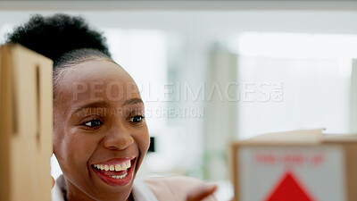 Buy stock photo Face, office or business owner with boxes to check shelf for supply chain delivery or mail distribution. Smile, fashion designer or happy black woman excited by courier service in cardboard package