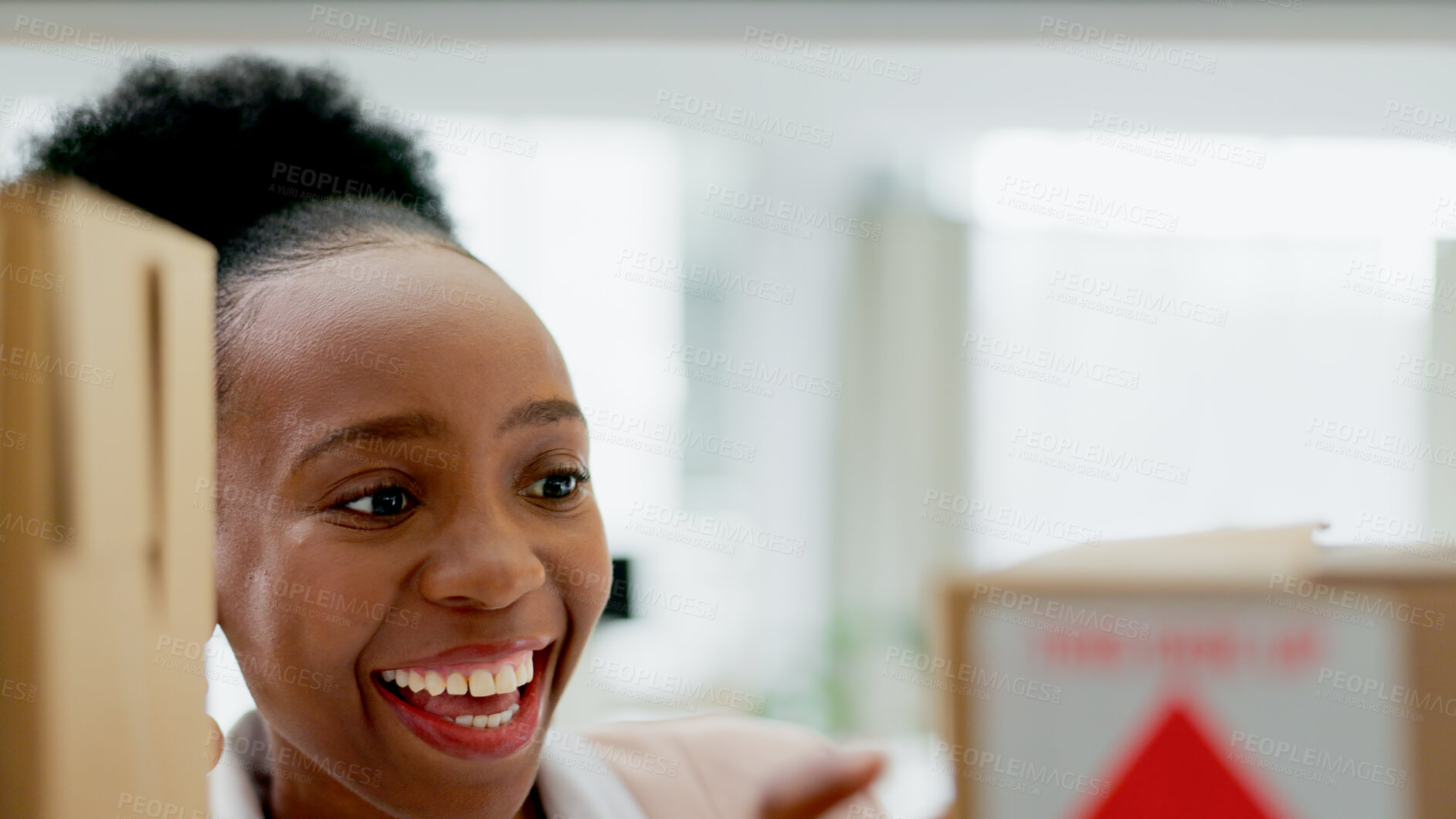 Buy stock photo Face, office or business owner with boxes to check shelf for supply chain delivery or mail distribution. Smile, fashion designer or happy black woman excited by courier service in cardboard package