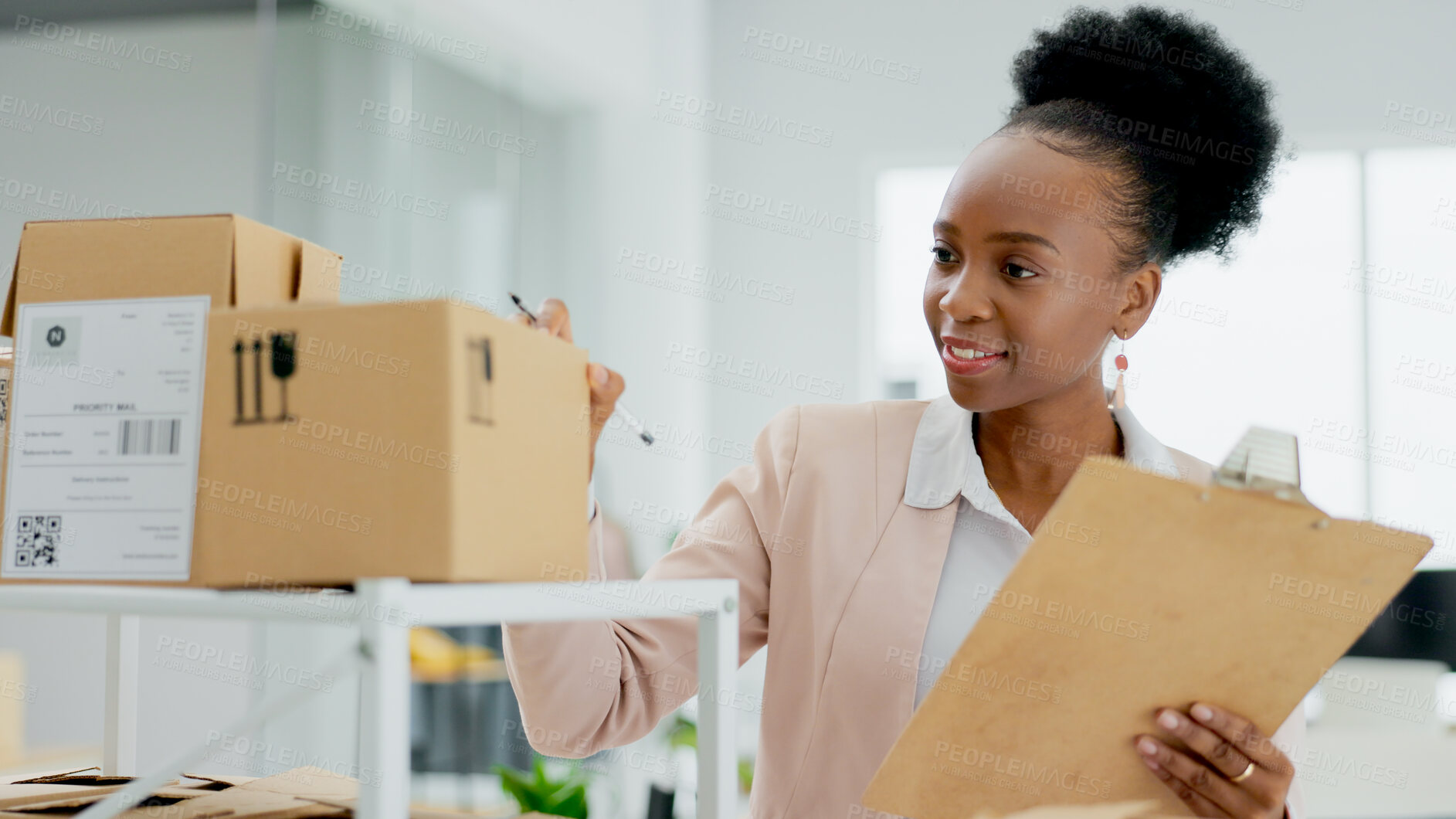 Buy stock photo Happy black woman, box and checklist for inventory inspection, schedule delivery or courier service. African female person smile in small business, logistics or storage management at boutique store