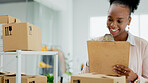 Happy black woman, box and checklist in logistics for inventory inspection, schedule delivery or courier service. African female person smile in small business or storage management at boutique store