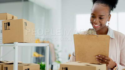 Buy stock photo Happy black woman, box and checklist in logistics for inventory inspection, schedule delivery or courier service. African female person smile in small business or storage management at boutique store